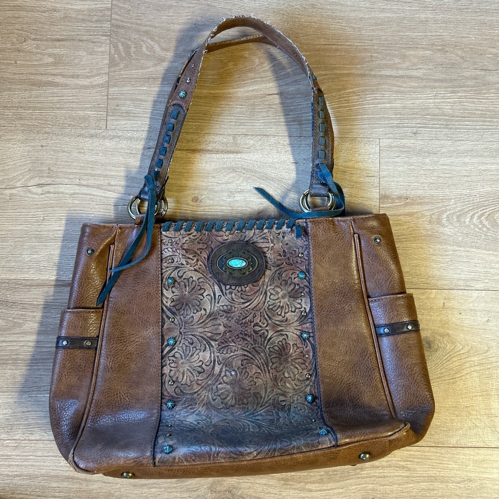 Justin West Brown Tooled Floral Western Tote Bag Turquoise Studded Boho Handbag
